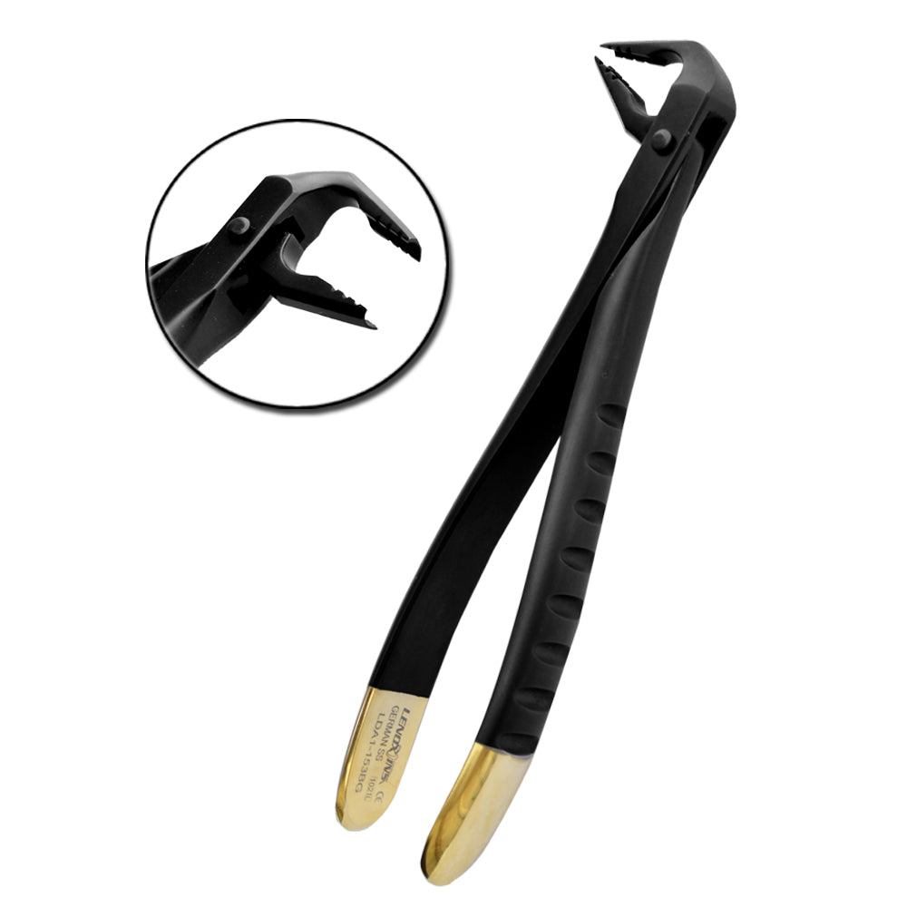 Deep Gripping Atraumatic Extraction Forceps, Lower Anterior, BLACK &amp; GOLD Series